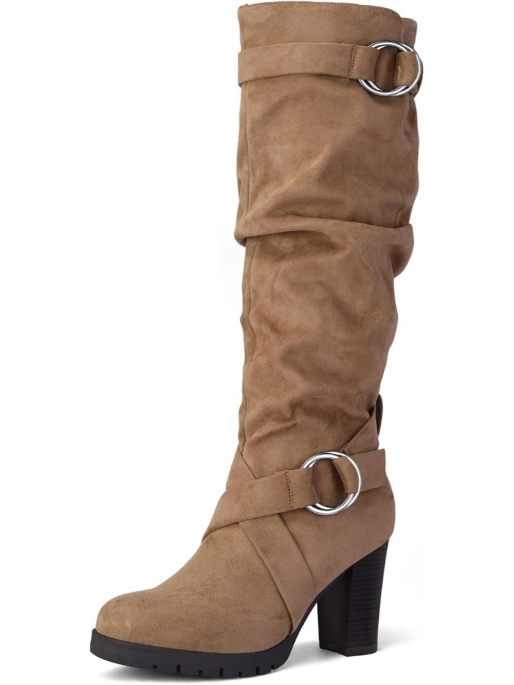 Women's Taupe Suede Knee High Boots Chunky Block Heel Side Zipper Non-Slip Boots